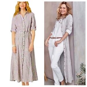 J. Jill Love Linen Shirt Dress  - Stripe Button Down Latte White